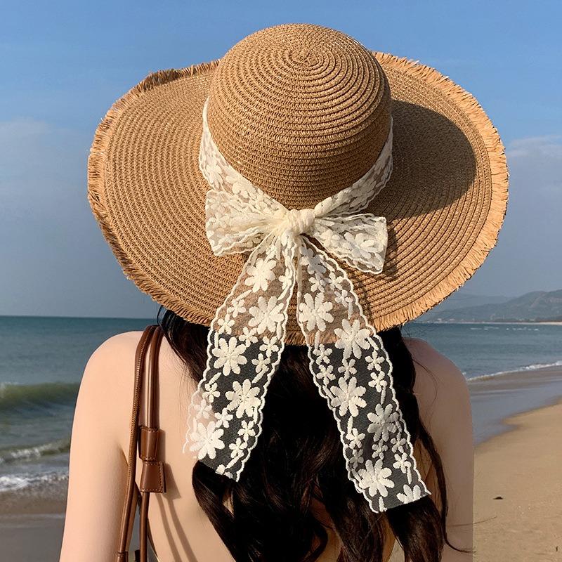 Summer Bow Sun Hat Female, Seaside Beach Vacation Sun Hat Outdoor Big Brim Sun Hat Sweet Straw Hat
