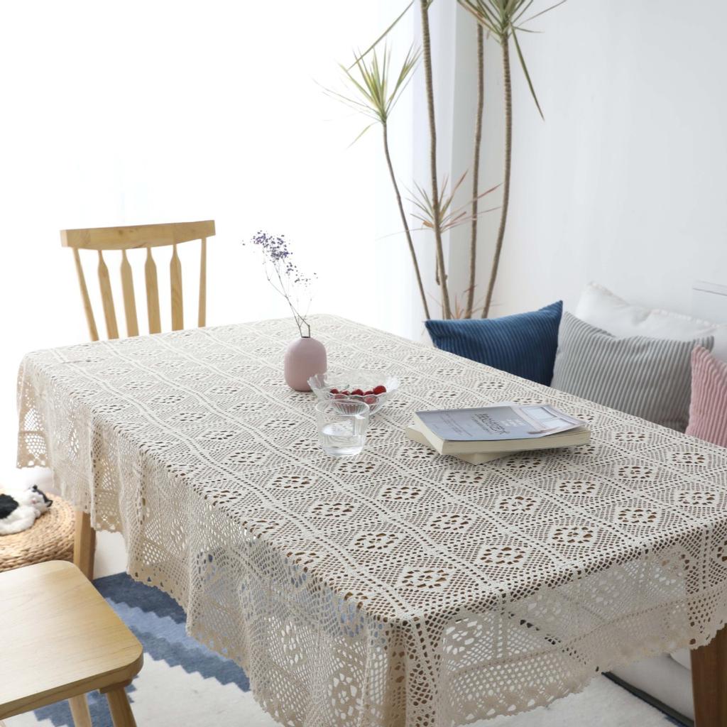 Vintage Crochet Lace Tablecloth, Pastoral Hollowed-Out Tassel Design, Polyester Rectangular Table Cover, Christmas Wedding Banquet Decor