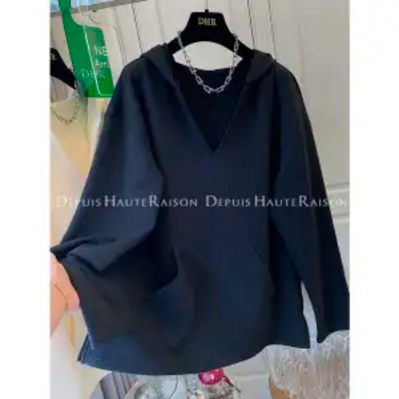 

Модная толстовка с капюшоном с V-образным вырезом для женской осени и зимы, новая, свободная и ленивая, нишевые топы L чёрный