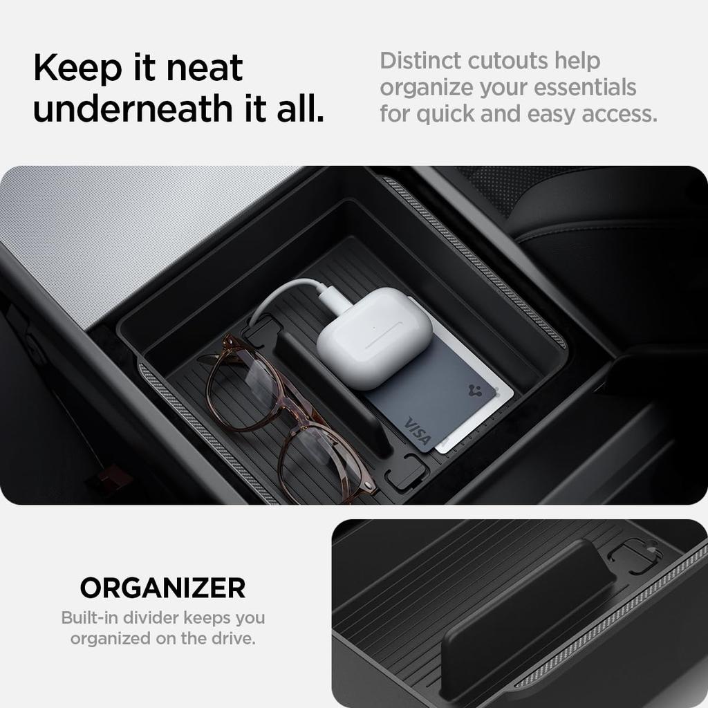 Spigen Armrest Console Organizer for Tesla Model Y Juniper and Tesla Model 3 Highland Carbon TO224H ACP07409 (2025) (2025/2024) Edition, (Black)