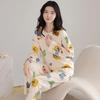 2Pcs/Set Spring and Autumn Women Pajamas Cute Floral Cotton Cartoon Long-Sleeved Clothing Korean Elastic HomeWear