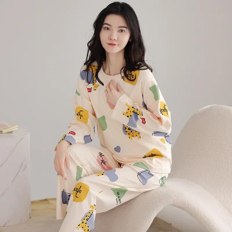 2Pcs/Set Spring and Autumn Women Pajamas Cute Floral Cotton Cartoon Long-Sleeved Clothing Korean Elastic HomeWear