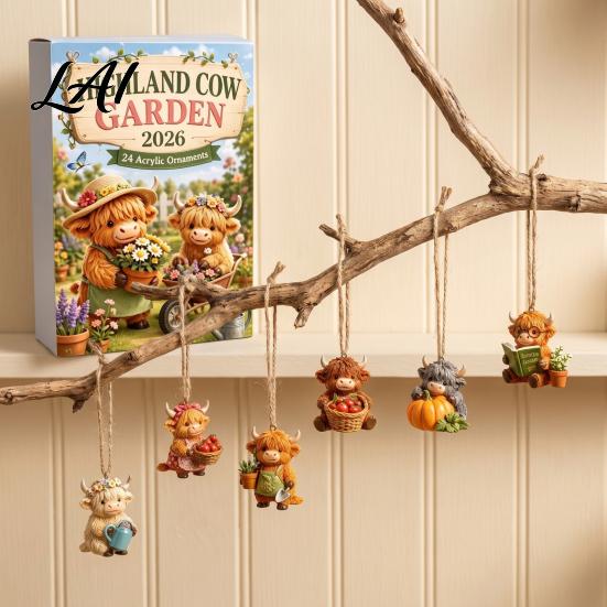 Indoor Festive Decorations Highland Cow Garden Advent Calendar 2026 24 Day Christmas Countdown with 2D Cute Animal Hanging Decor Acrylic Collectible