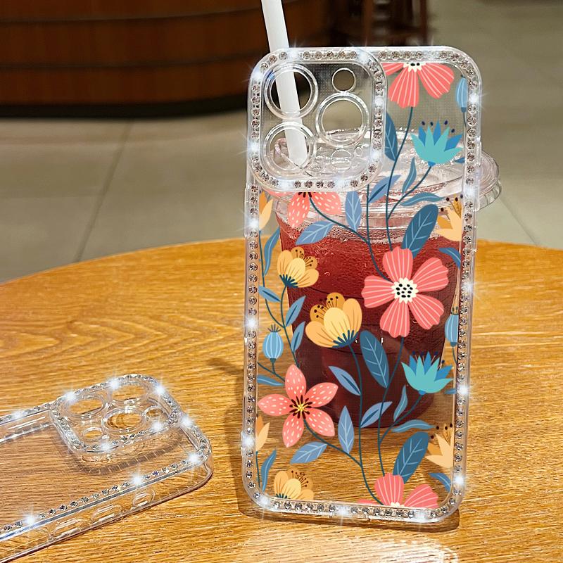 Crystal Diamond Clear Case For iPhone 16 14 15 Pro Plus 13 12 Pro Max 11 16e Flowers Floral Patterned Soft TPU Phone Cover Coque