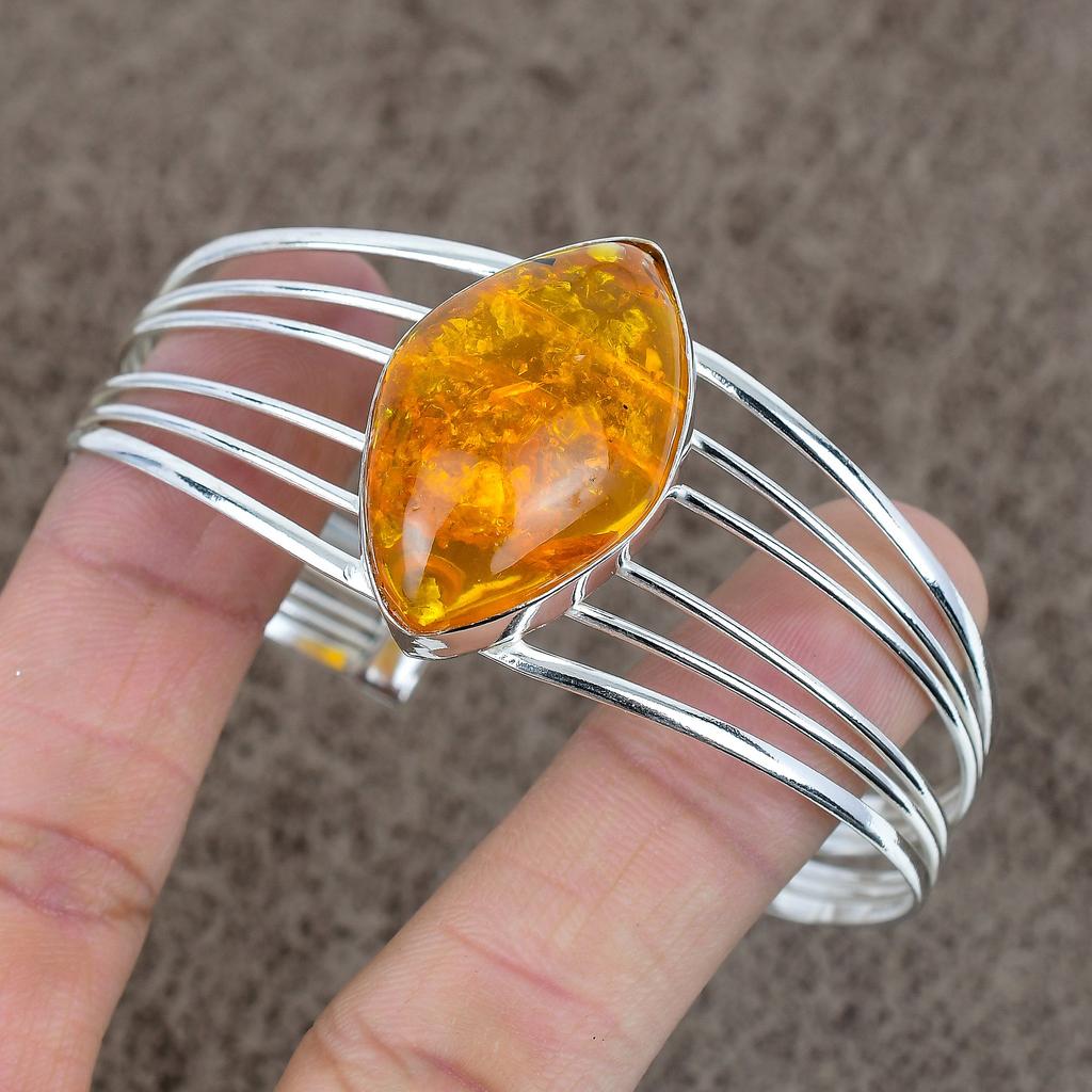 Baltic Amber Gemstone Handmade 925 Sterling Silver Cuff Bangle Adjustable KKG-217
