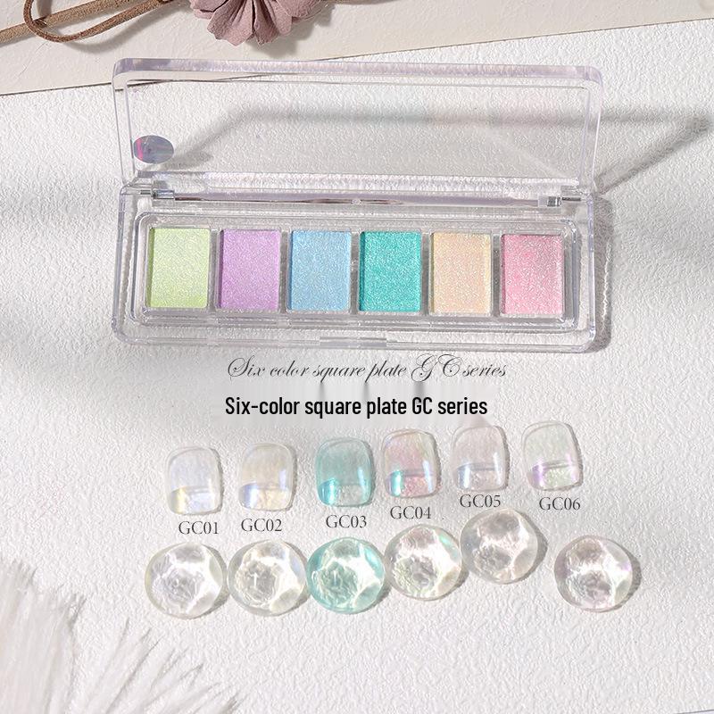 Solid Magic Mirror Powder: 6-Color Nail Salon Bright Eyeshadow Palette - Mermaid Fairy Aurora Outlining Powder