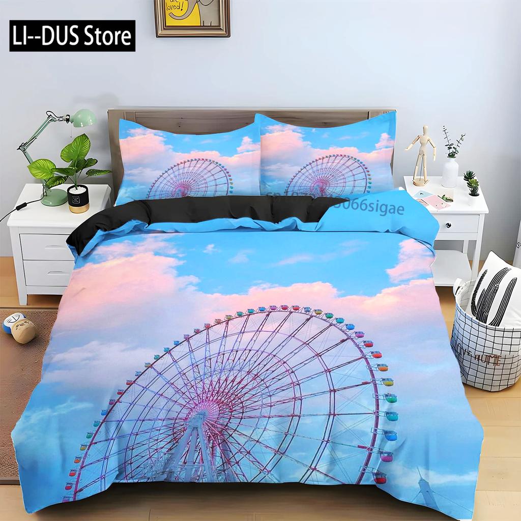 Ferris Wheel Comforter Cover Set Colorful Ferris Duvet Cover Bedding Set 3pcs for Kids Boys Soft Quilt Cover with 2 Pillowcase