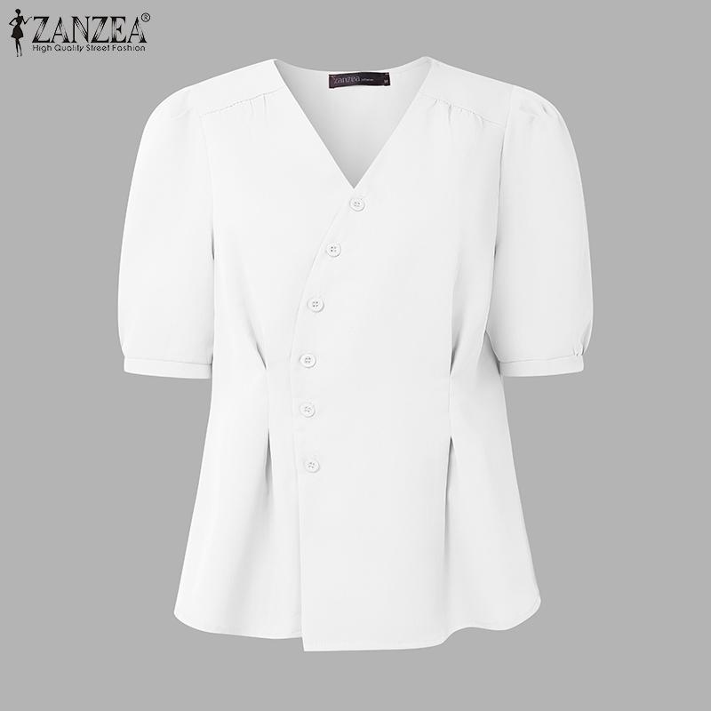 

ZANZEA Women V Neck Puff Sleeve Side Buttons Casual Slim Waist Blouse Tops 5XL белый