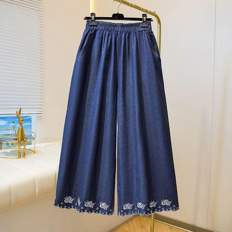 

Large Elastic High Waisted Patchwork Lace Denim Jeans for Women In Summer Thin Fit Loose and Versatile Casual Wide Leg Straight Leg Pants 4XL темно-синий