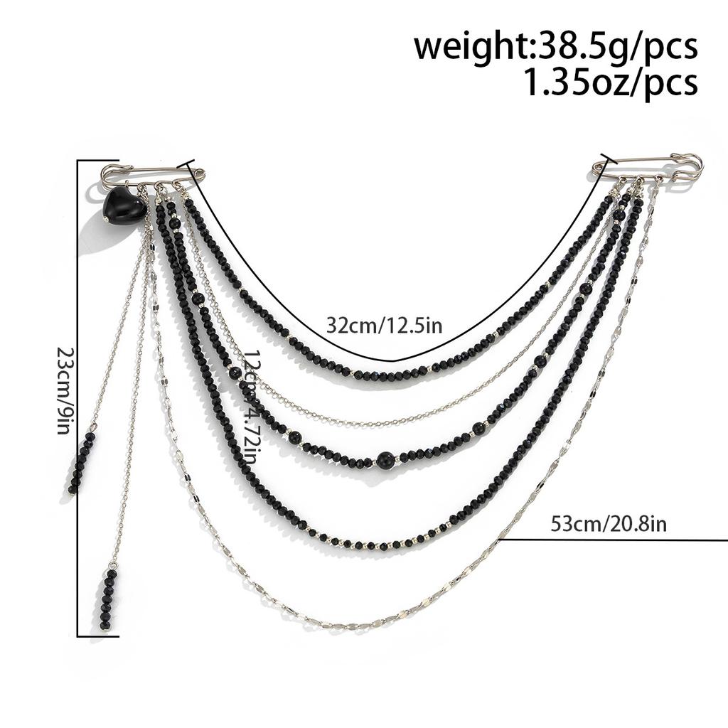 Long Tassel Chain Black Beaded Brooch Unique Trendy Design Drip Shaped Heart Multi-Chain Pin Suit Clothing Accessories Gifts