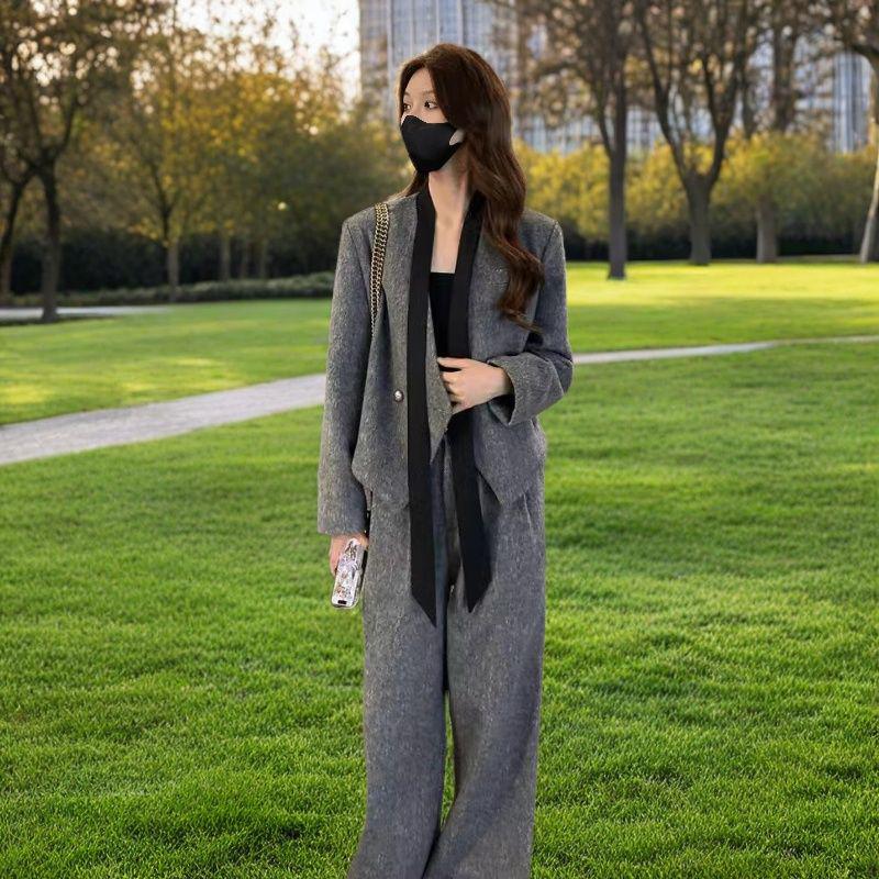 Women's Woolen Blazer & Straight-Leg Trousers Two-Piece Set for Autumn and Winter