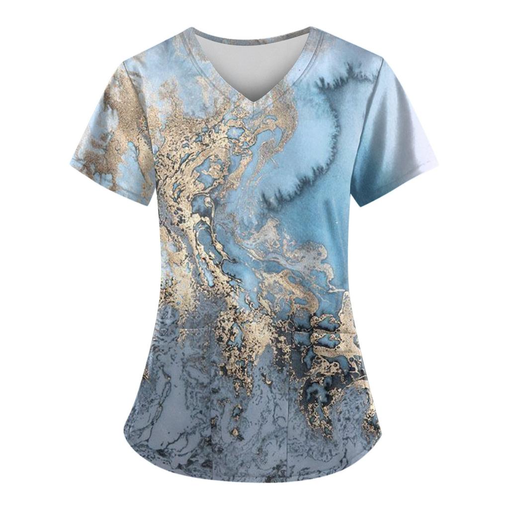 Modische bedruckte Damen-Arbeitsuniform mit Taschen-T-Shirt, kurzärmeliges Oberteil