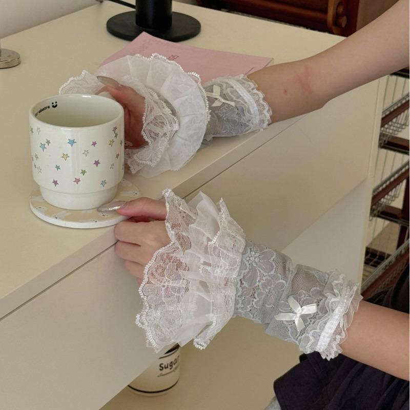 Sweet Style Lace Arm Sleeves with Bow Sparkling Rhinestone Glove Covers Pure Color Sun Protection Accessories for Women 2025 New