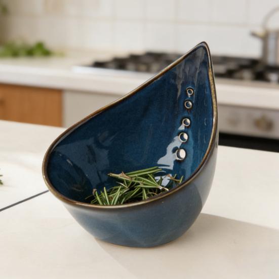 Curățător de coriandru Ceramică Bol pentru curățat ierburi cu 5 găuri de curățare Vas neted glazurat Lavabil în mașina de spălat Vase Stripper de frunze Ustensilă de bucătărie