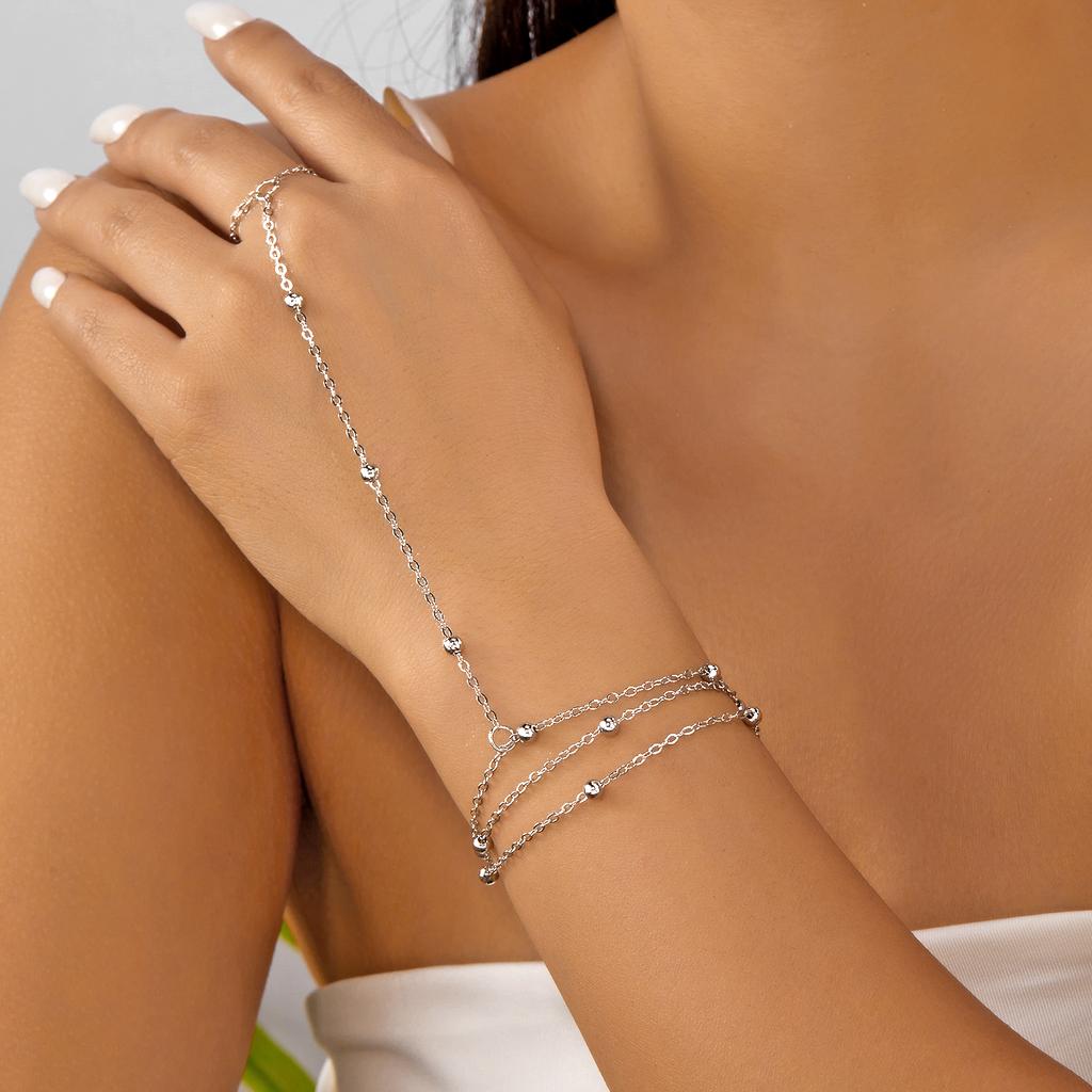 Boho Chic Gliederketten Armbänder für Damen Mädchen Minimalistisch Silberfarben Perlen Fingerarmband Sommer Strand Handaccessoire