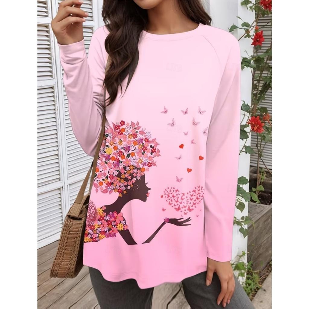 Fashion Women's Flower Graphic O-Neck Long Sleeve T-Shirt Y2k Casual Tops Womens Clothing Harajuku Female Clothing Pullover