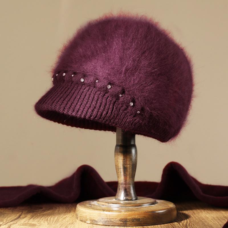 Autumn and Winter New Women's Knitted Hat Winter Thickened Rabbit Fur Medium and Old Hat Fleece Ear Protector Wool Hat
