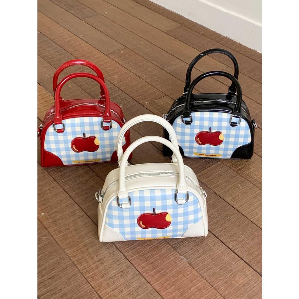 Handheld Red Apple Bag for Women 2026 New Fashiable Korean Versi Bowling Bag Versatile Crossbody Checkered Shell Bag