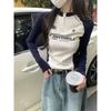 Spring half-zipper stand-up neck bottoming shirt contrasting color embroidery shoulder sleeves long-sleeved shirt Spice Girl top
