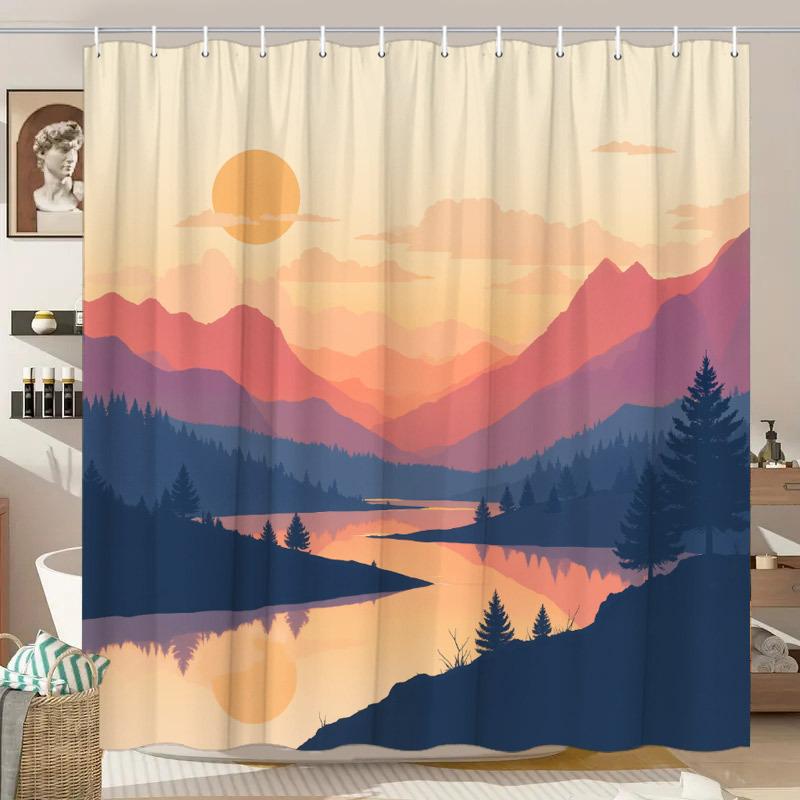 1pc Serene Sunset Lake Shower Curtain Bathroom Decor Featuring Silhouetted Mountains, Vibrant Orange Sky Calm Lake Reflection
