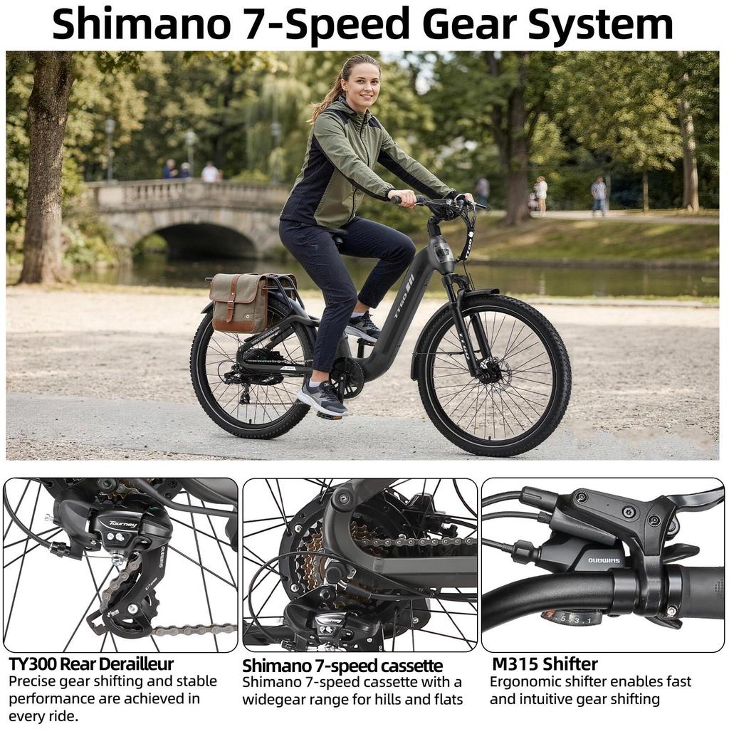 Bicicletă Electrică TTGO E-SUVO Motor 250W Baterie 48V15Ah Autonomie Maximă 120km Anvelope 27.5“ × 2.4” Cadru Suspensie Completă Frâne cu Disc Hidraulice Shimano 7 viteze