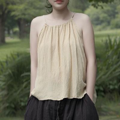 Women Vintage Solid Color Summer Beige Yellow Soft Female Tops
