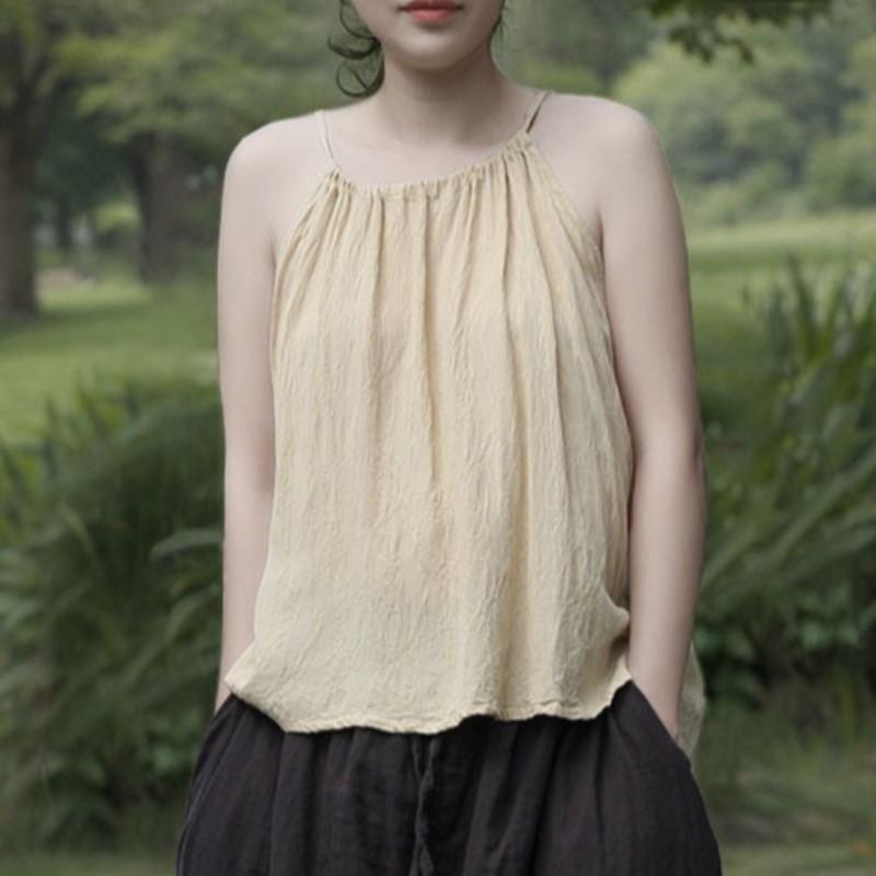 

Johnature Women Vintage Solid Color Summer Beige Yellow Soft Female Tops One Size