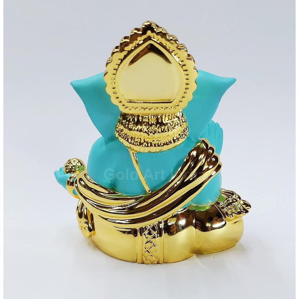 Gaddi Ganesha Resin 3 X 3 Gold Fluro Green Ganesh Idol for Car Dashboard Small Ganesha Murti Ganpati Idol for Home Decor Puja Lord Ganesh Statue