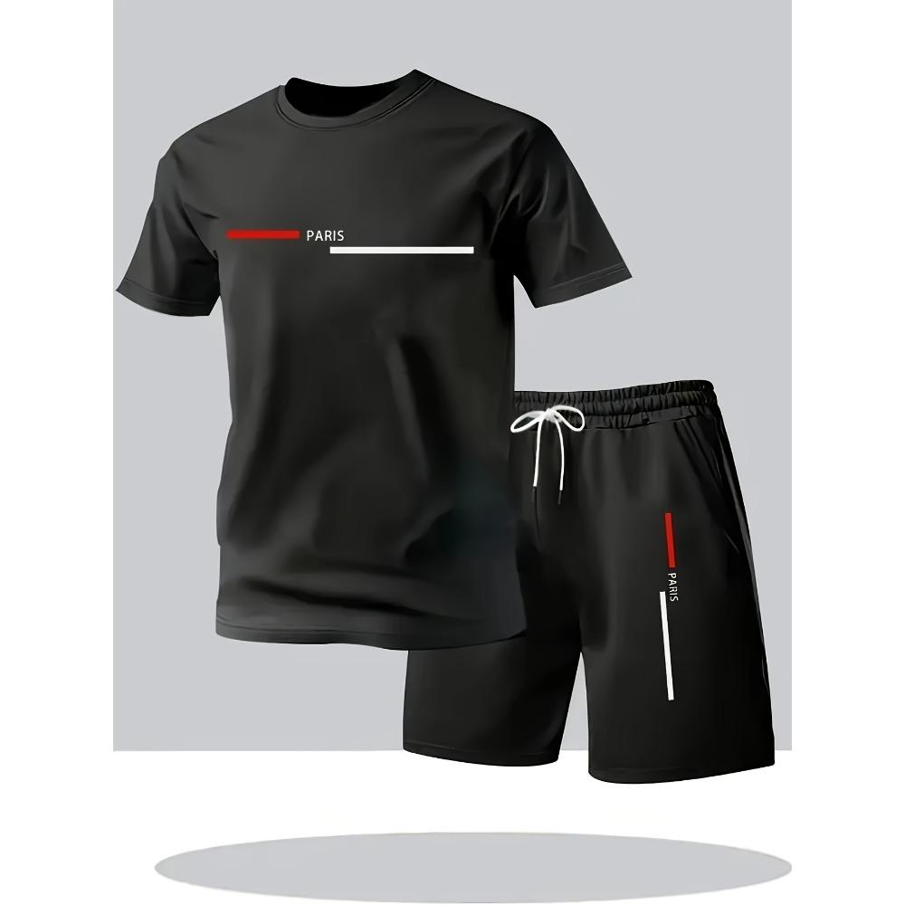 Herren Stilvolles Lässiges Zweiteiliges Set Schwarz Kurzarm-T-Shirt Outdoor-Aktivitäten, Outdoor-Bekleidung