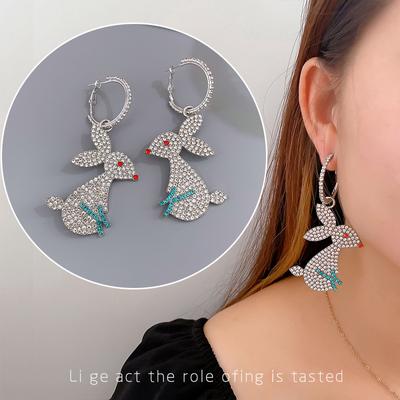 Hip Hop Punk Rabbit Bunny Dangle Drop Earring Clip Full Zircon Jewelry Women Prevent allergy