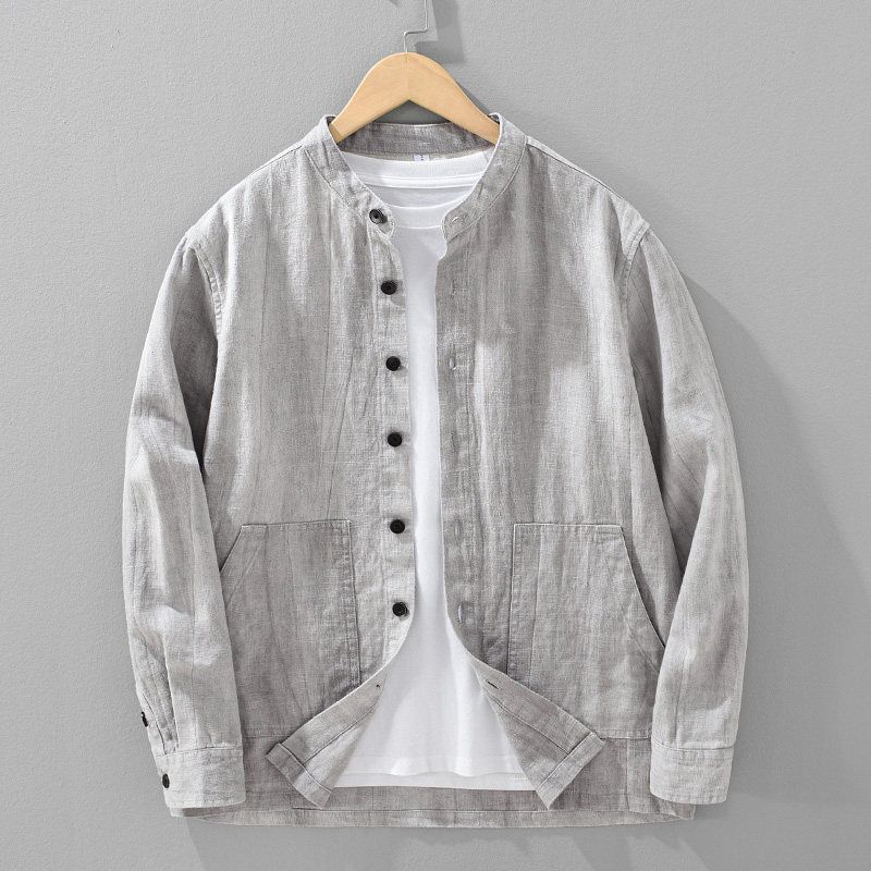 Spring and Autumn Japanese-Style Retro Chinese Stand Collar Cotton and Linen Jacket Men Chinese Style Asian Washing Water Linen Shirt Outwear Thin