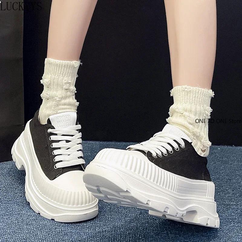 Дропшиппинг Женские вулканизированные туфли Белые толстые каблуки Холщовые кроссовки — фото 7