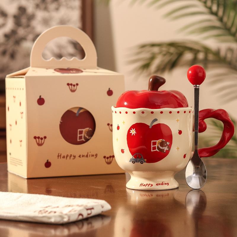 Birthday Gift for Girls, Christmas Apple Ceramic Mug, Couple Water Cup with Lid, Girlfriend's Souvenir Gift Box.