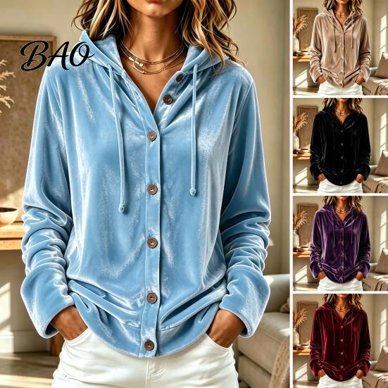 Soft Velvet Clothing Women Button Front Hoodie, Long Sleeve Hooded Jacket, Loose Fit Jacket Casual Drawstring Coat for Autumn Winter Outerwear