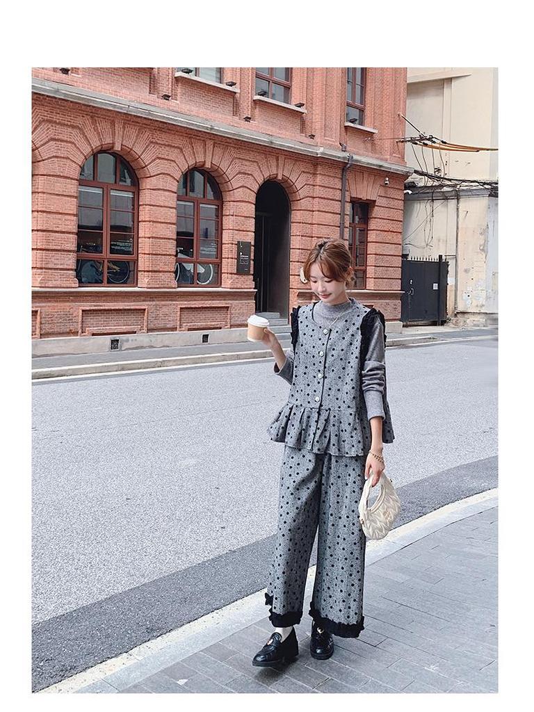 Damesett i koreansk stil med grå polkadotter, tredelt vestdrakt - Elegant høst/vinter moden stil