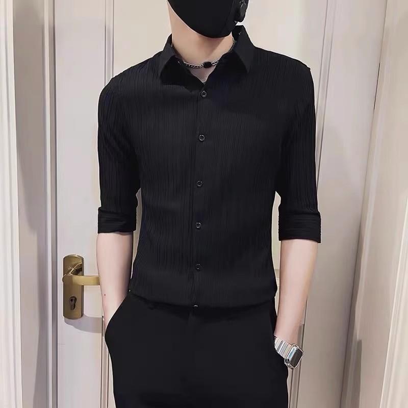 

Men Vertical Striped Textured Button Down Shirt Casual Slim Fit Breathable Lightweight Business Casual Summer Top M чёрный