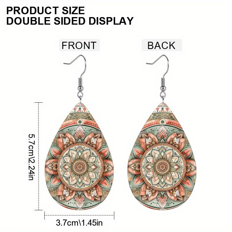 Boho Style Mandala Floral PU Drop Dangle Earrings for Women, Vibrant Spring Meditation Theme Double Sided Hoop Earring, Holiday Party Accessories