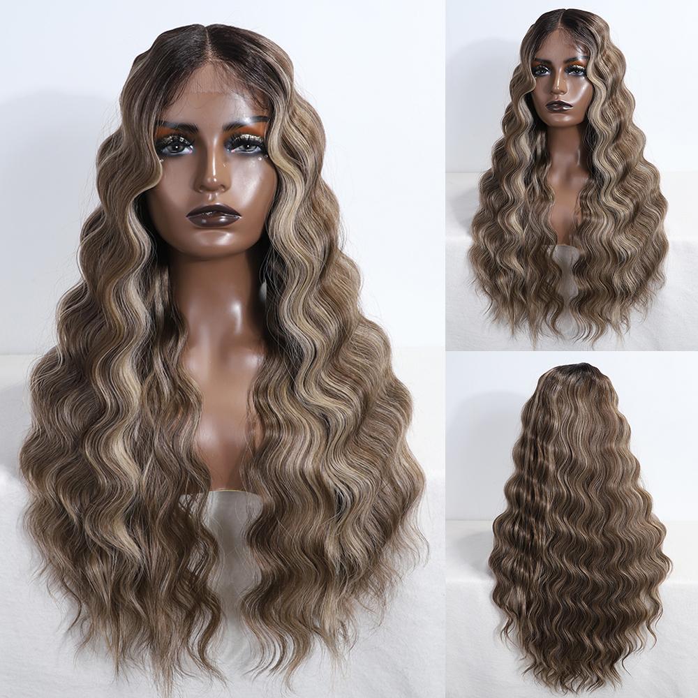 

FREEDOM Synthetic Lace Front Wigs For Women 28 Inch Loose Body Wavy Middle Part Wig Ombre Brown Blonde White Wig Cosplay Wigs (as the picture,28inches)