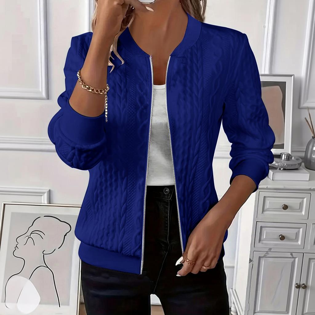 Women's Knit Zip Up Jacket Casual Solid Color Baseball Style Long Sleeve Lightweight Outerwear with Ribbed Collar and Cuffs
