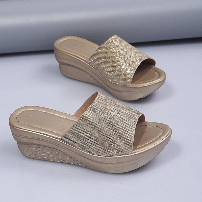 Spring and summer new muffin bottom slope heel solid color large size one-word fashion slippers