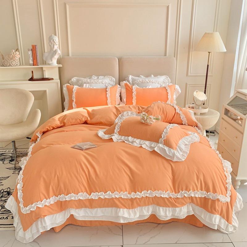 Korean Princess Lolita Bed 4-Piece Set Solid Washed Cotton Breathable Bed Sheet Duvet Cover Bedding Set with Lace