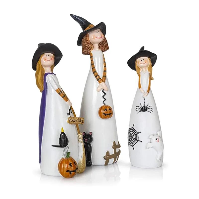 Halloween-Hexen-Dekoration aus Kunstharz, Hexenhut, Katze, Geist, Krähe und Kürbis-Dekorfiguren für Feiertags- und Partyschmuck