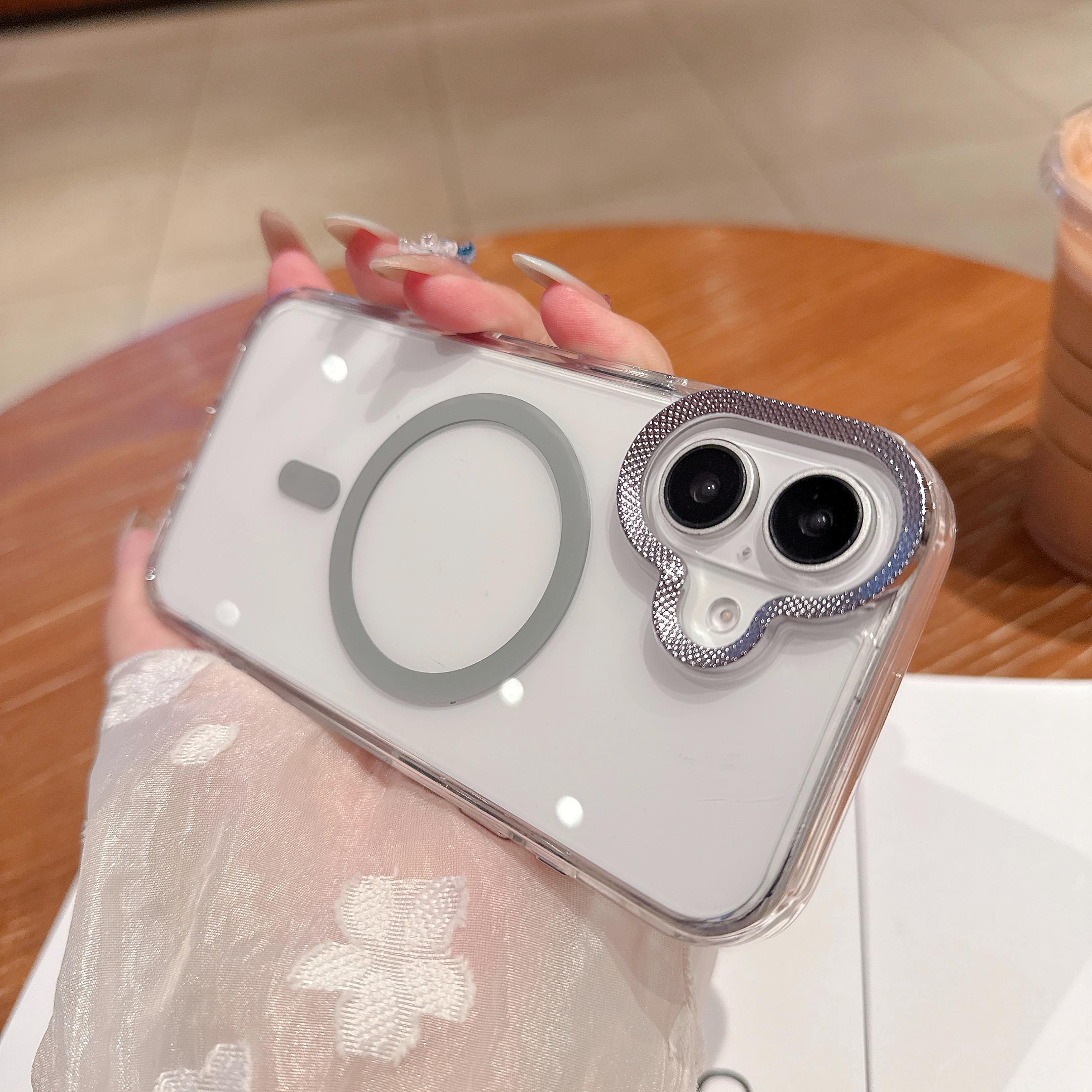 

For iPhone 16 Case Compatible with MagSafe PC+TPU Clear Phone Cover with Diamond Texture Lens Frame Grey