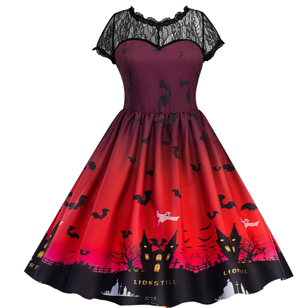 Amazon Cross-border European and American Halloween Dark Bat Women's Clothing, Foreign Trade 2023 New Lace Flower Dress