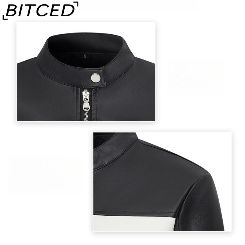BITCED PU Leather Contrast-Colour Patchwork Sexy Leather Jacket, Stand Collar, Slim-Fit Cropped Style, Trendy Biker Jacket for Women