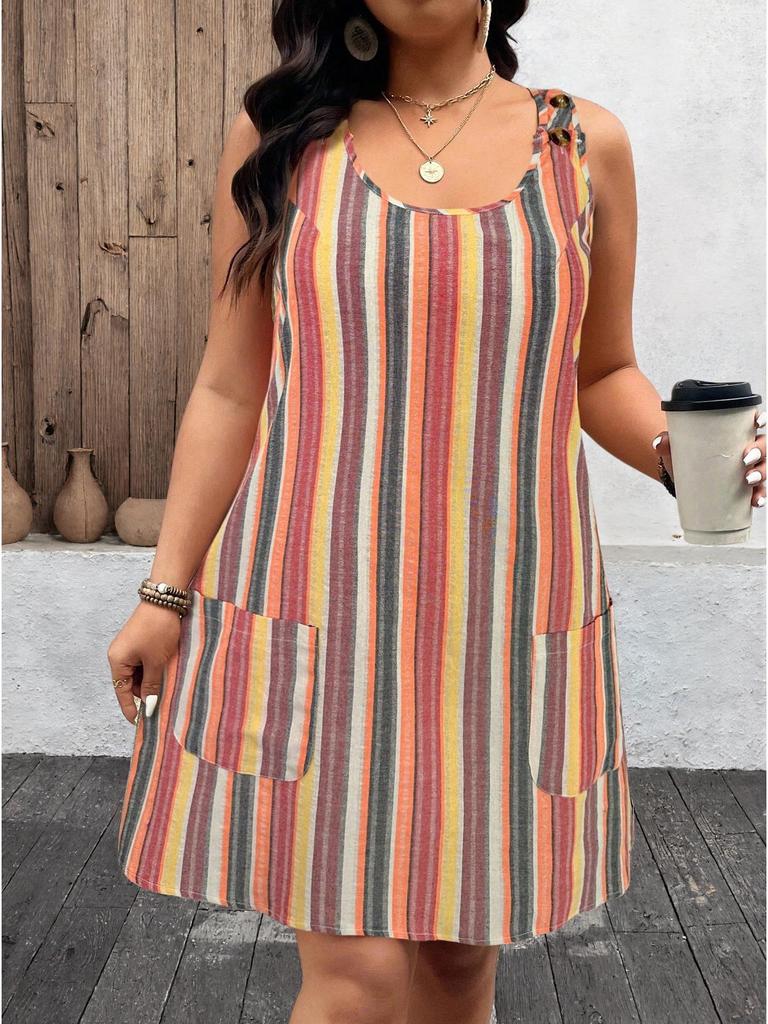 2026 Summer Fashion: Striped Sleeveless Dress with Button Pockets, Women's Casual European & American Style.