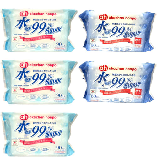 [Trial Set] Akachan Honpo Super Baby Wipes for Newborns (90 sheets x 3 packs) and Thick Baby Wipes for Newborns (60 sheets x 2 packs). Made with pure
