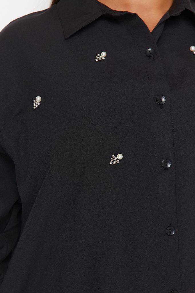 Women's Style Plus Size Shirt Black Large Size Stone Embroidered Poplin Woven Shirt