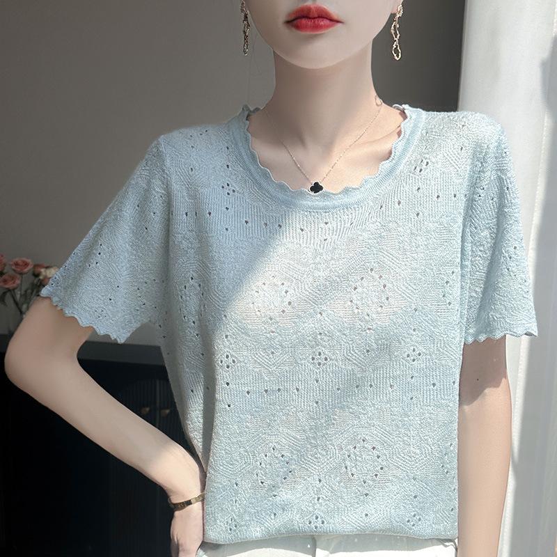 

Новый летний вязаный, с вырезами, тонкий женский базовый слой с коротким рукавом, свободного кроя и стройнящий, с кружевным круглым вырезом XL