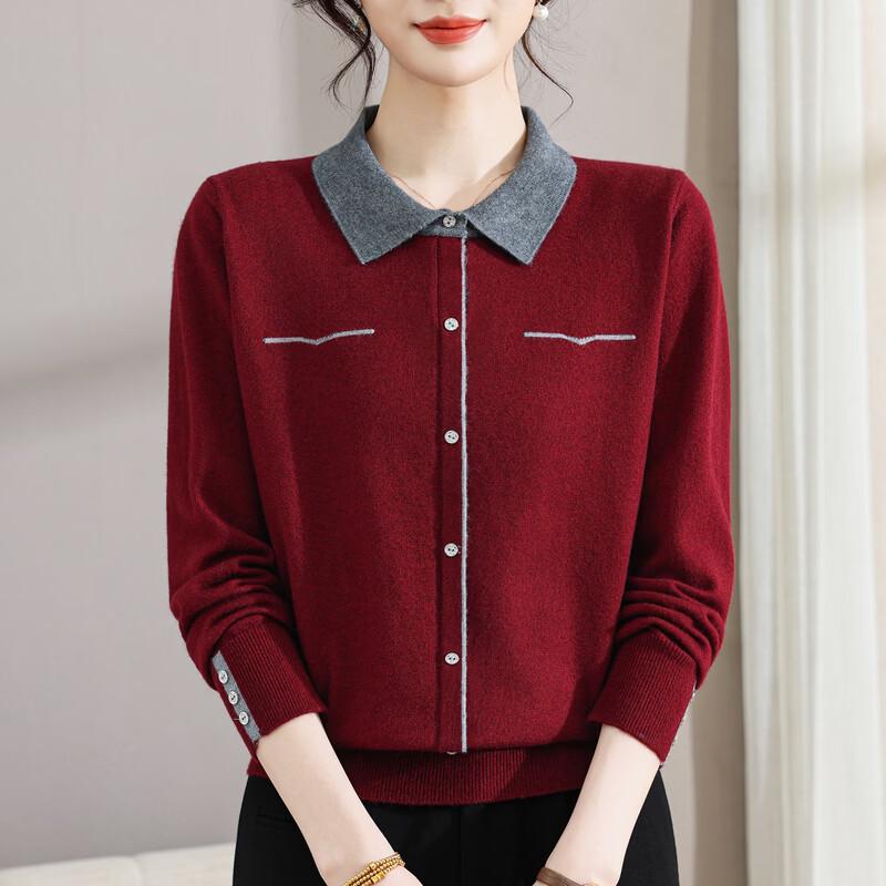 Hengyuanxiang Women's Lapel Knit Wool Sweater